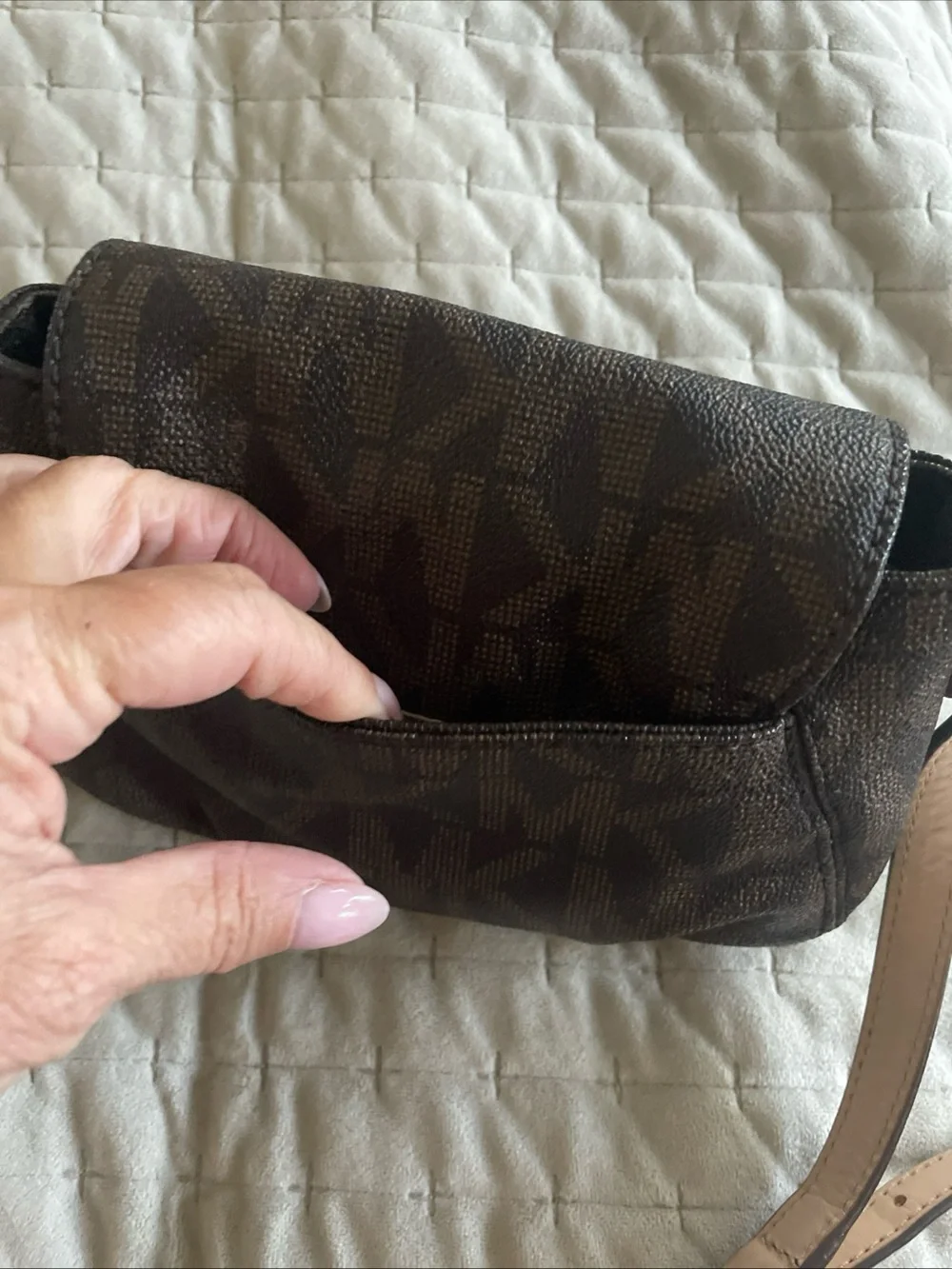 Michael Kors Brown Logo Crossbody with Pale tan Strap and Gold Plaque